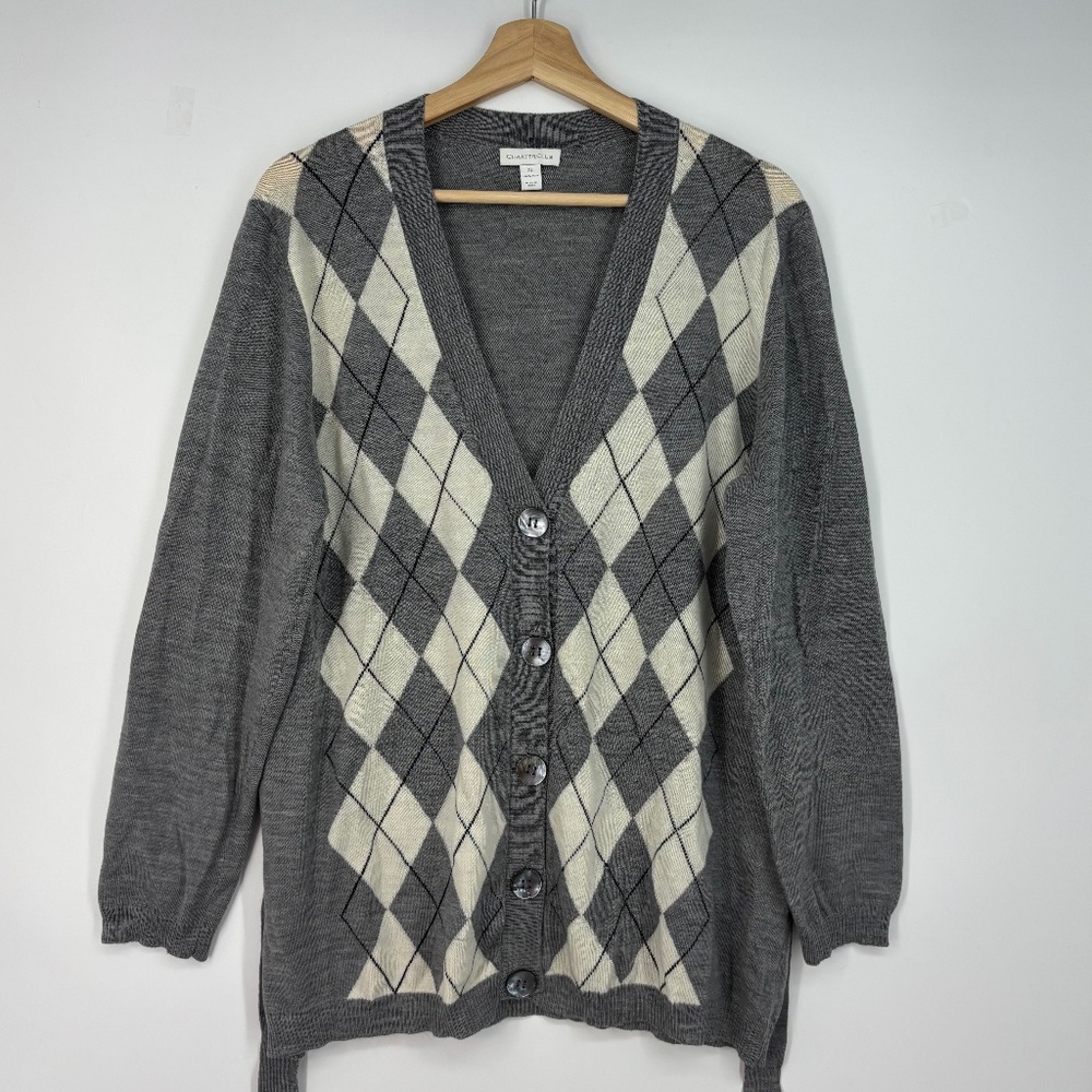 Charter Club Womens XL Cardigan Sweater Gray Ivory Argyle 100% Wool Tie Belt LS